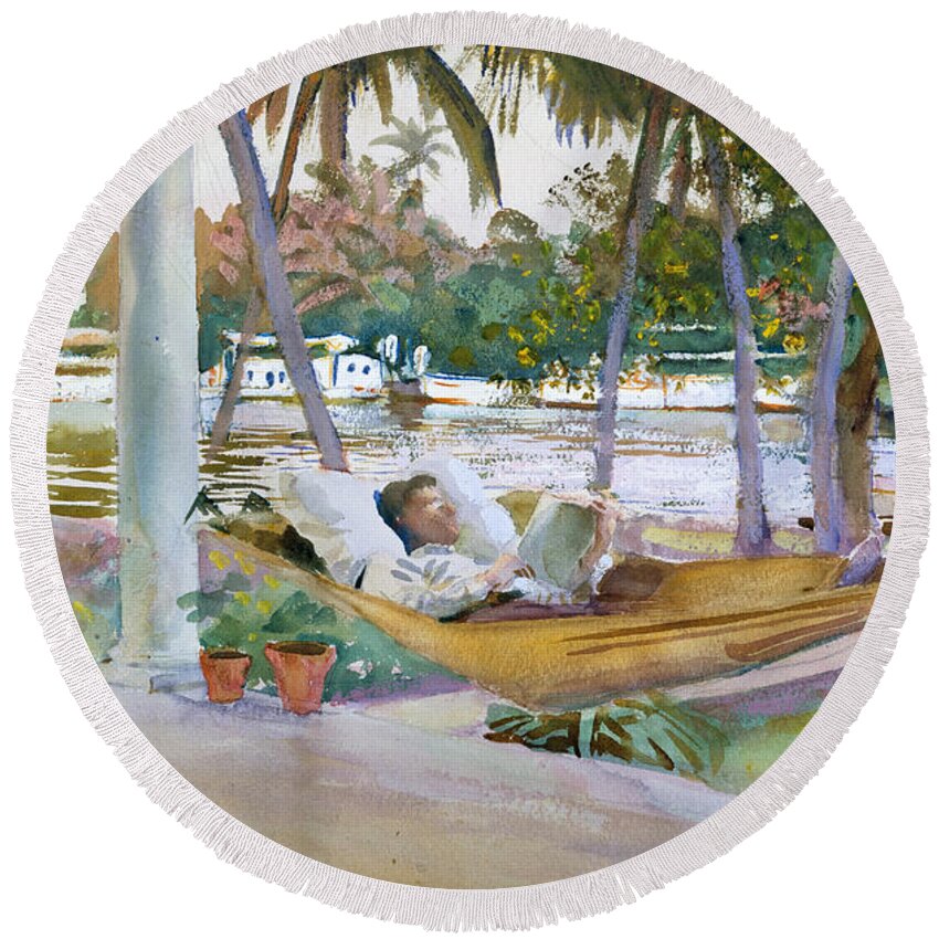 John Singer Sargent Round Beach Towel featuring the painting Figure in Hammock. Florida by John Singer Sargent