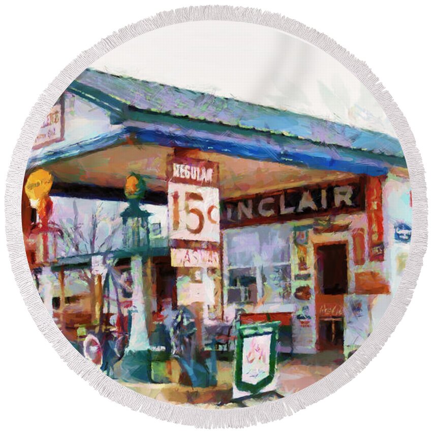 Filling Station Round Beach Towel featuring the painting Filling Station by Lynne Jenkins