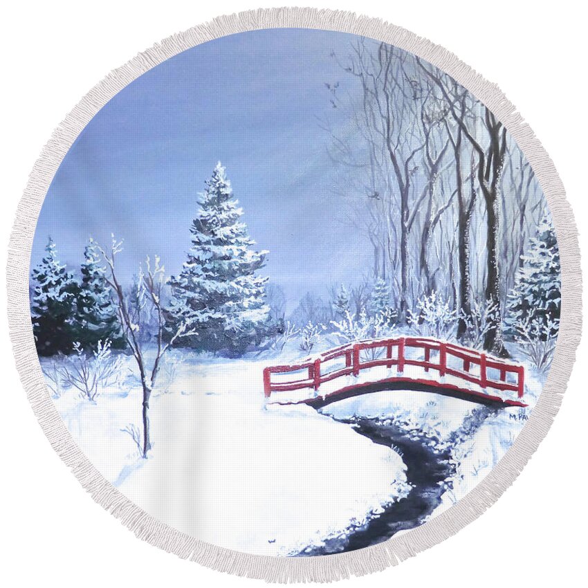 Winter Round Beach Towel featuring the painting Fire and Ice by Mary Palmer