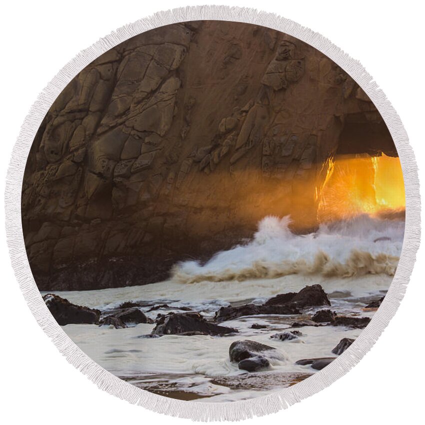 Pfeiffer Beach Round Beach Towel featuring the photograph Fire In The Hole by Suzanne Luft