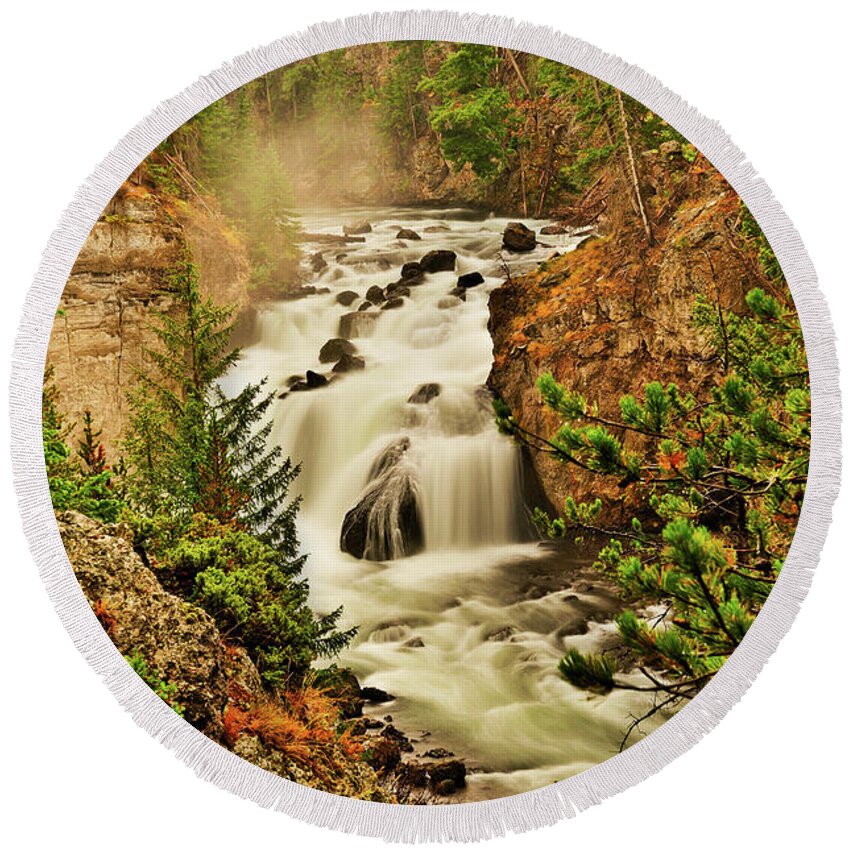 Firehole Falls Round Beach Towel featuring the photograph Firehole Falls by Greg Norrell