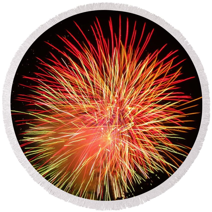 Fireworks Round Beach Towel featuring the photograph Fireworks by Michael Porchik