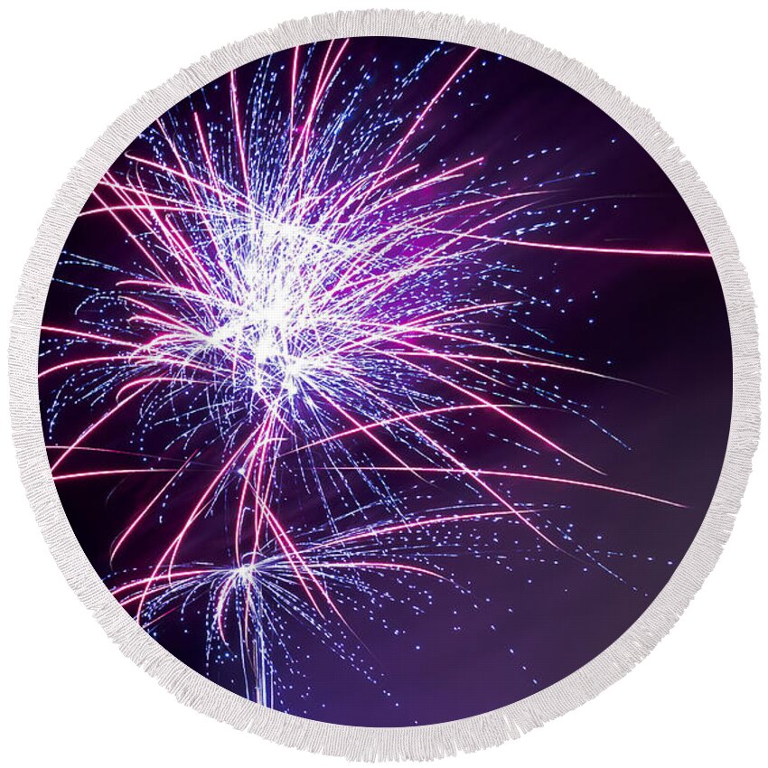 Party Round Beach Towel featuring the photograph Fireworks - Purple Haze by Scott Lyons