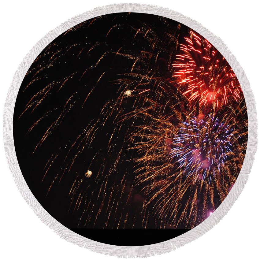 Fireworks Round Beach Towel featuring the photograph Fireworks w Moon by Glory Ann Penington