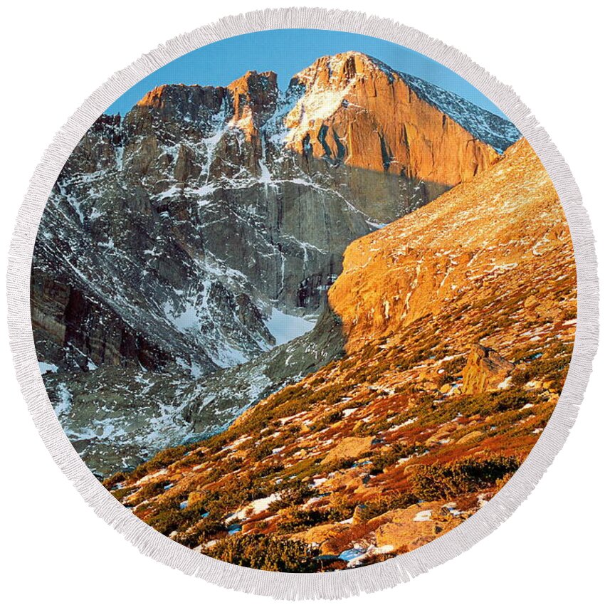 Landscapes Round Beach Towel featuring the photograph First Light at Longs Peak by Eric Glaser