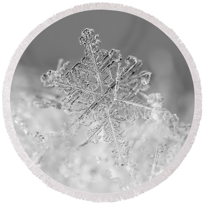Snowflake Round Beach Towel featuring the photograph First Snowflake by Rona Black