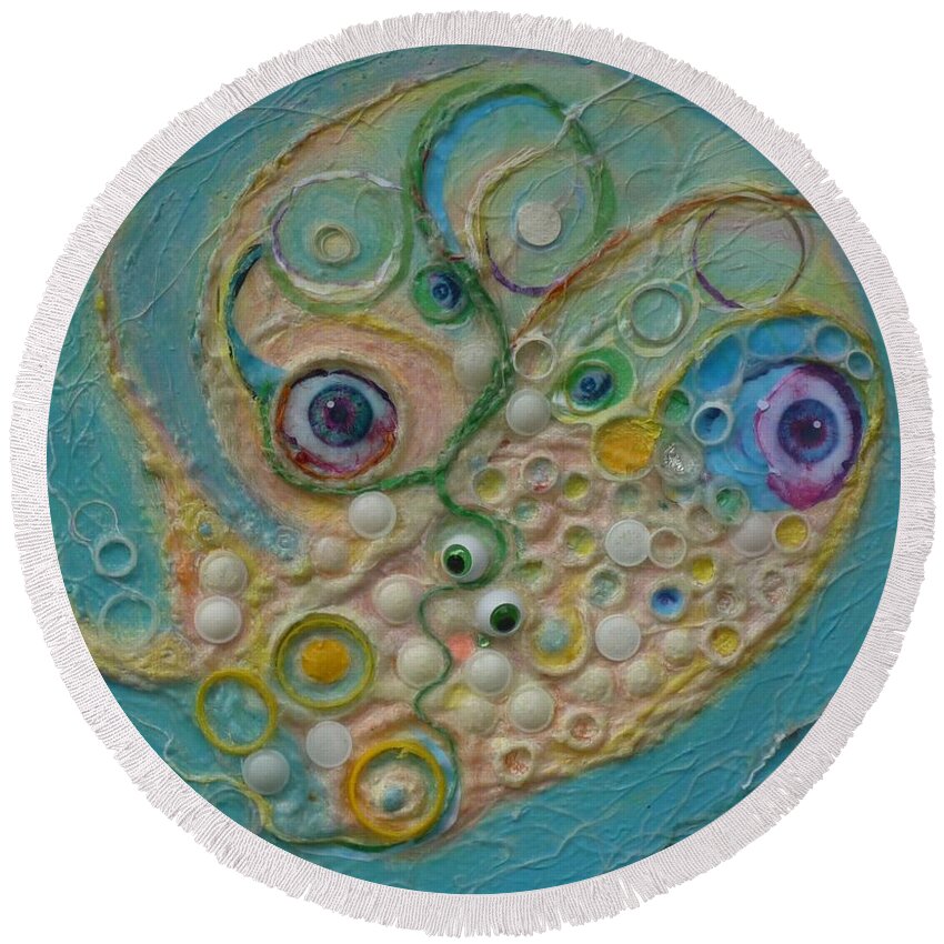 Head Fish Weird Quirky Bizarre Eyeball Psychedelic Round Beach Towel featuring the mixed media Fried Egg Head over queasy by Douglas Fromm