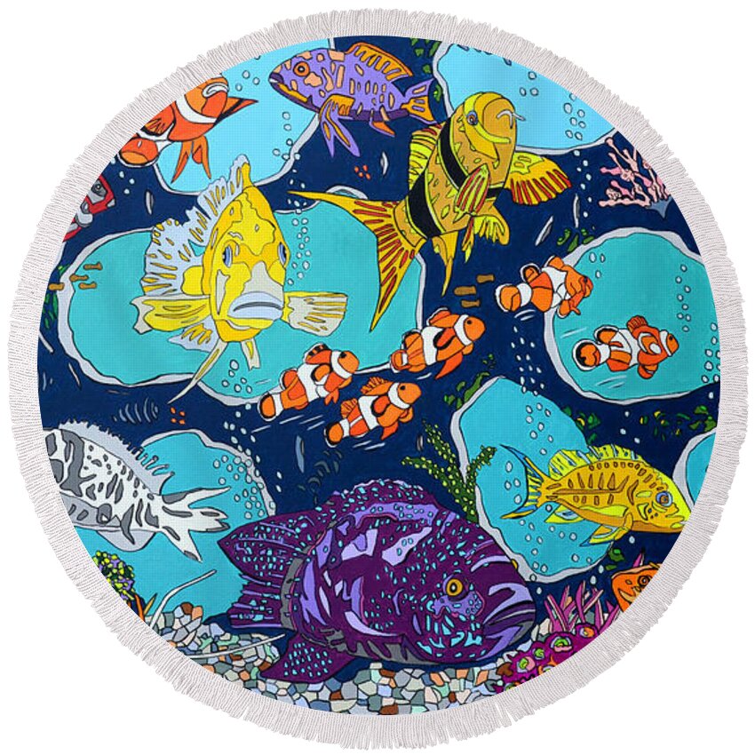 Fish Round Beach Towel featuring the painting Fish Lines by Mike Stanko