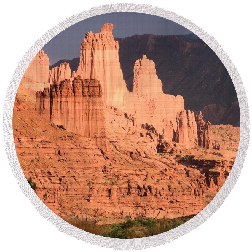 Fisher Towers Round Beach Towel featuring the photograph Fisher Glow by Adam Jewell