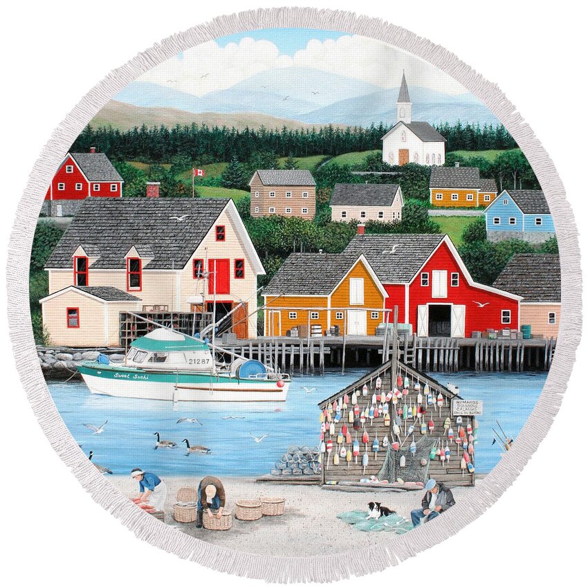 Seascape Round Beach Towel featuring the painting Fisherman's Cove by Wilfrido Limvalencia