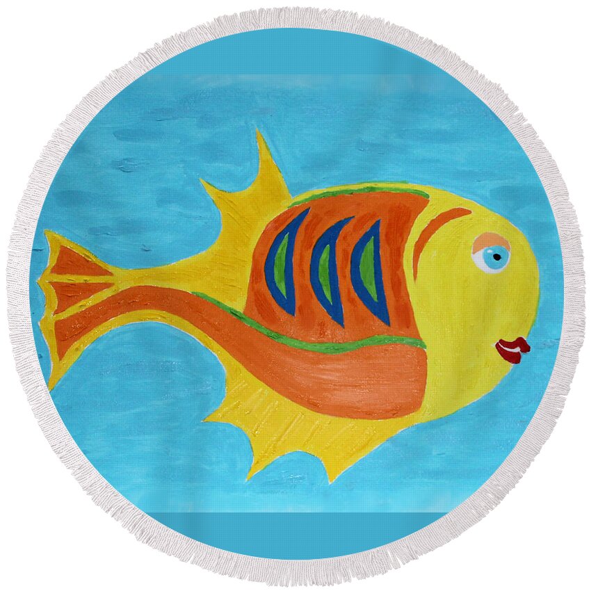 Fish Round Beach Towel featuring the mixed media Fishie by Deborah Boyd