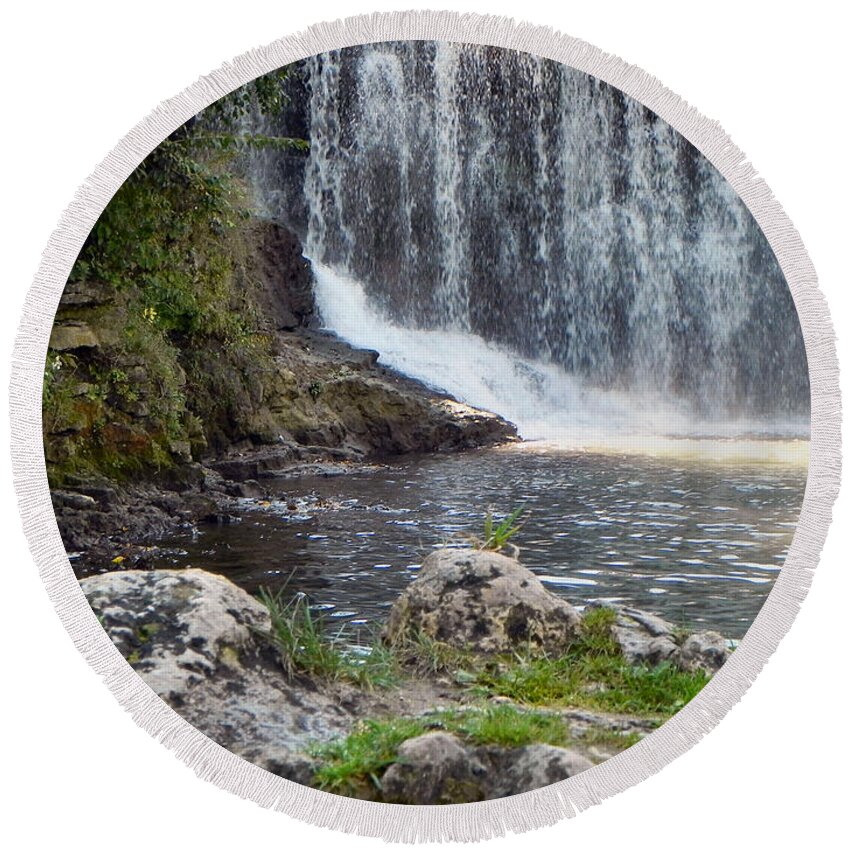Waterfall Round Beach Towel featuring the photograph Fishing Hole by Deb Halloran