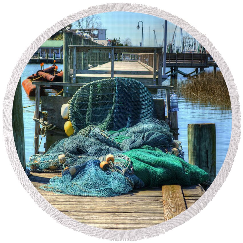 Scenic Round Beach Towel featuring the photograph Fishing Nets by Kathy Baccari