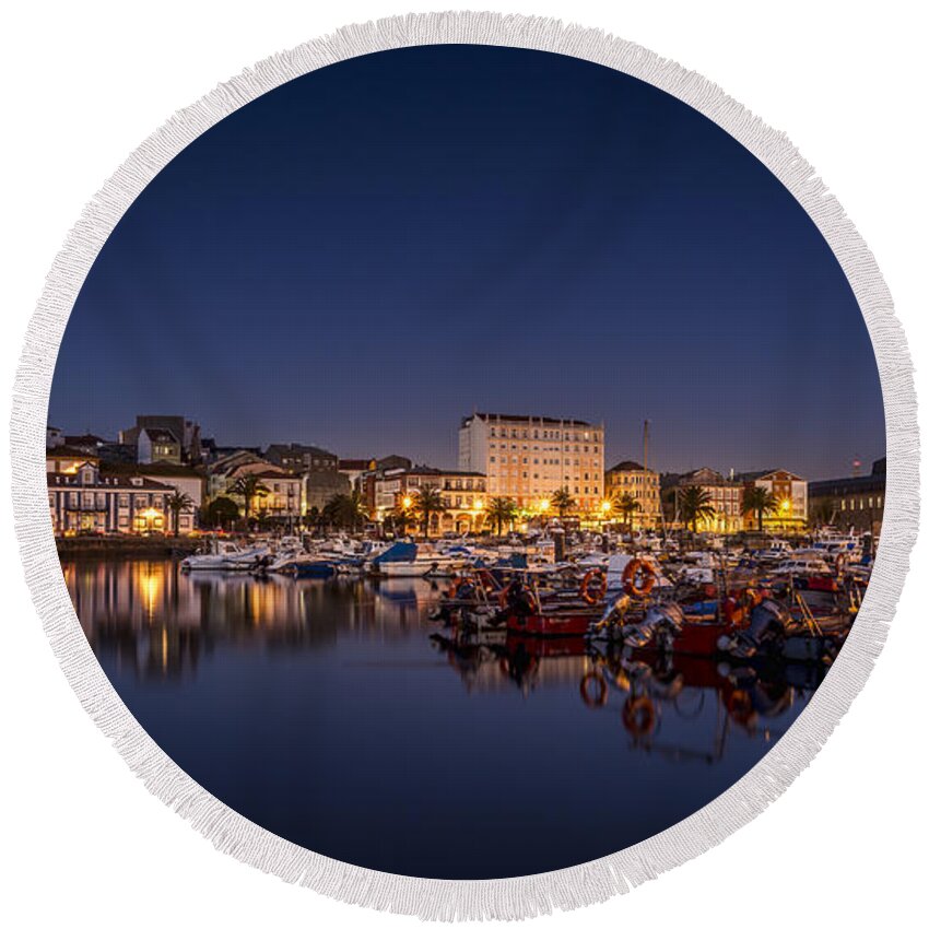 Ferrol Round Beach Towel featuring the photograph Fishing Port of Ferrol by Night Galicia Spain by Pablo Avanzini