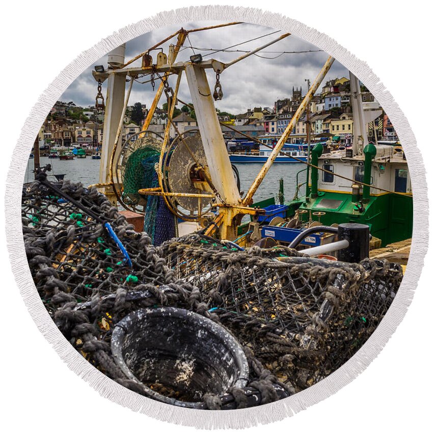 Brixham Round Beach Towel featuring the photograph Fishing pots at Brixham by Mark Llewellyn