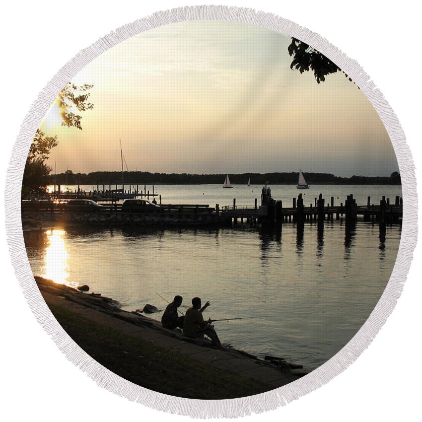 Dusk Round Beach Towel featuring the photograph Fishing the Tred Avon at Twilight in Oxford Maryland by William Kuta