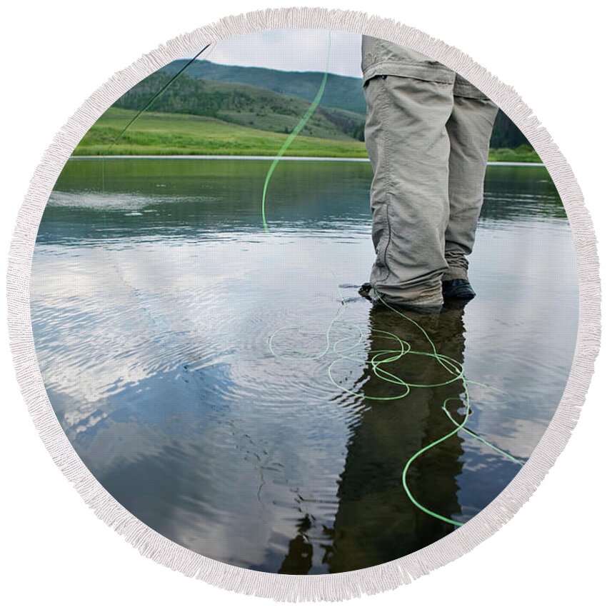 Ankle Deep In Water Round Beach Towel featuring the photograph Fishing To Rising Trout by Ryan Heffernan