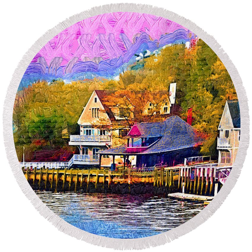 Harbor Round Beach Towel featuring the painting Fishing Village by Kirt Tisdale