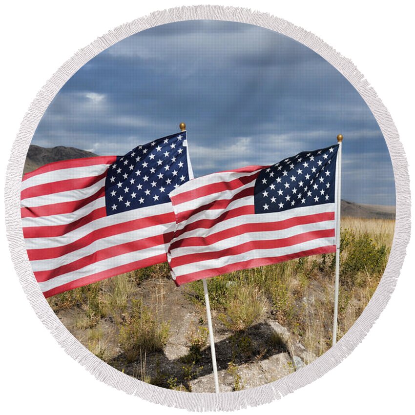 Flags Round Beach Towel featuring the photograph Flags on Antelope Island by Donna Greene
