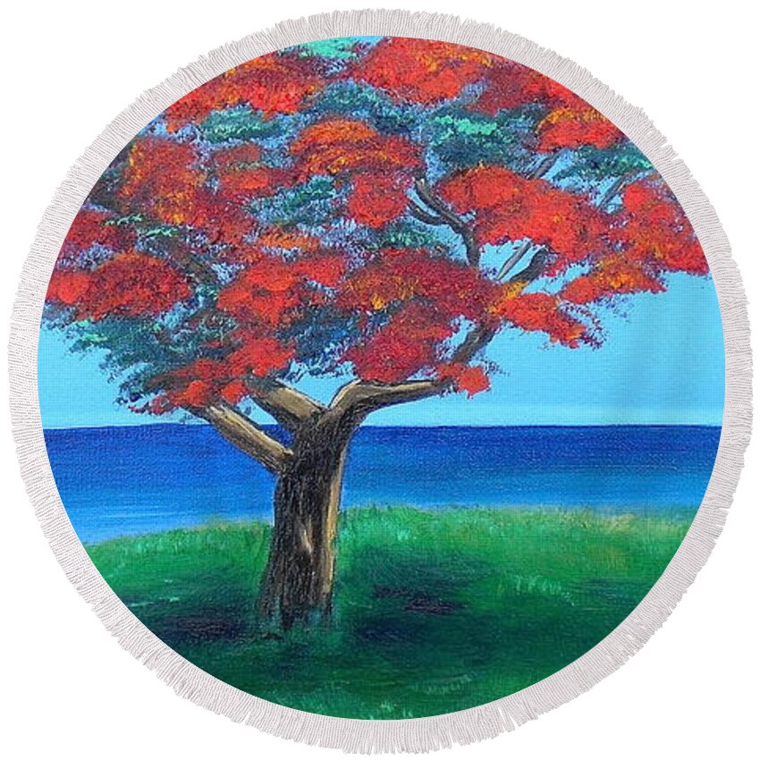 Flamboyant Tree Round Beach Towel featuring the painting Flamboyan Overlooking Ocean by Melissa Torres