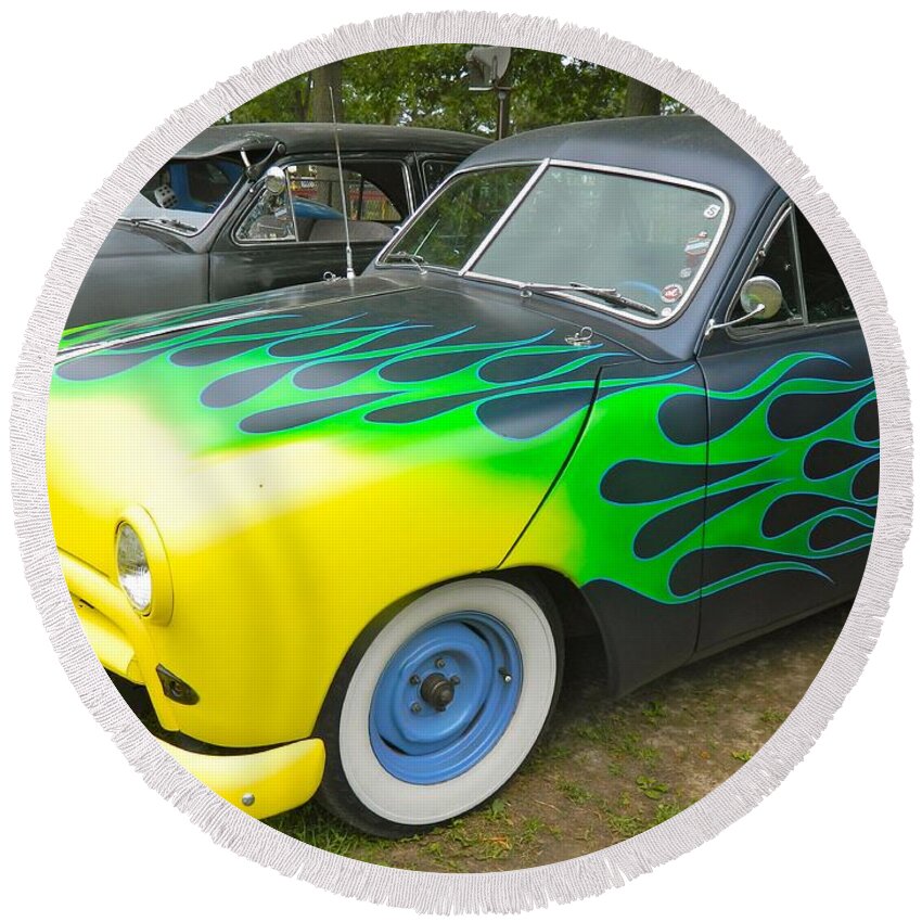 Ford Round Beach Towel featuring the photograph Flames of Speed by Randy Rosenberger