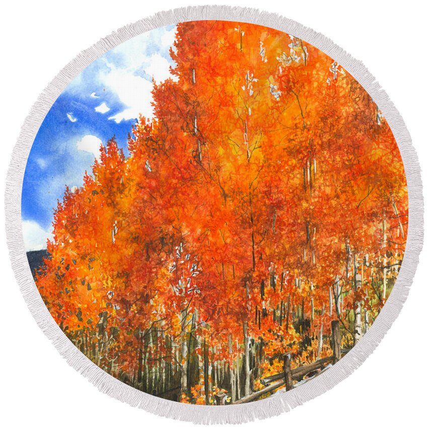 Watercolor Trees Round Beach Towel featuring the painting Flaming Aspens by Barbara Jewell
