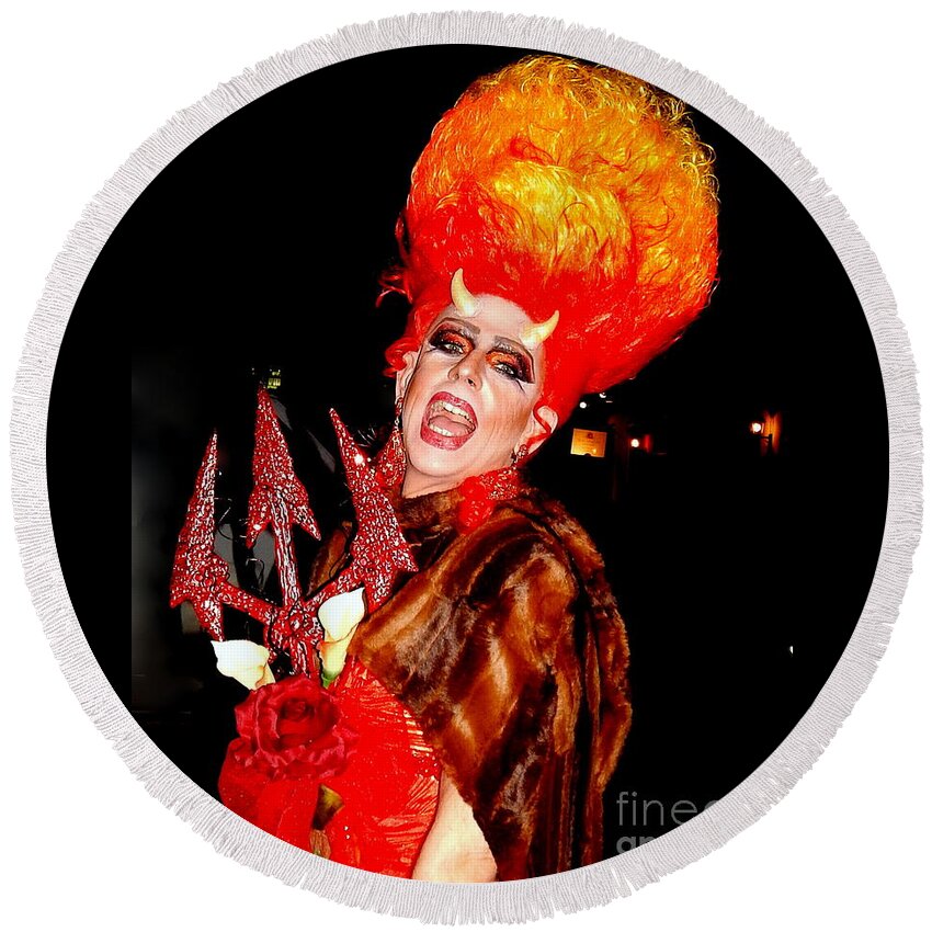 Nola Round Beach Towel featuring the photograph Halloween Flamming Devilish Deva Costume In The French Quarter Of New Orleans by Michael Hoard