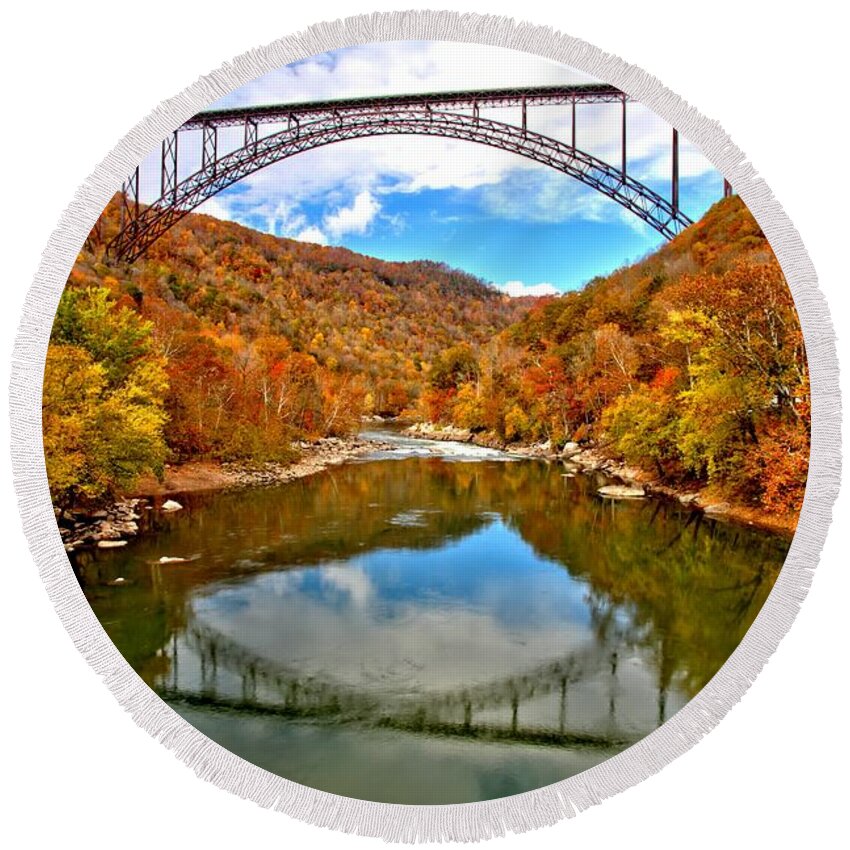 New River Gorge Round Beach Towel featuring the photograph Flaming Fall Foliage At New River Gorge by Adam Jewell