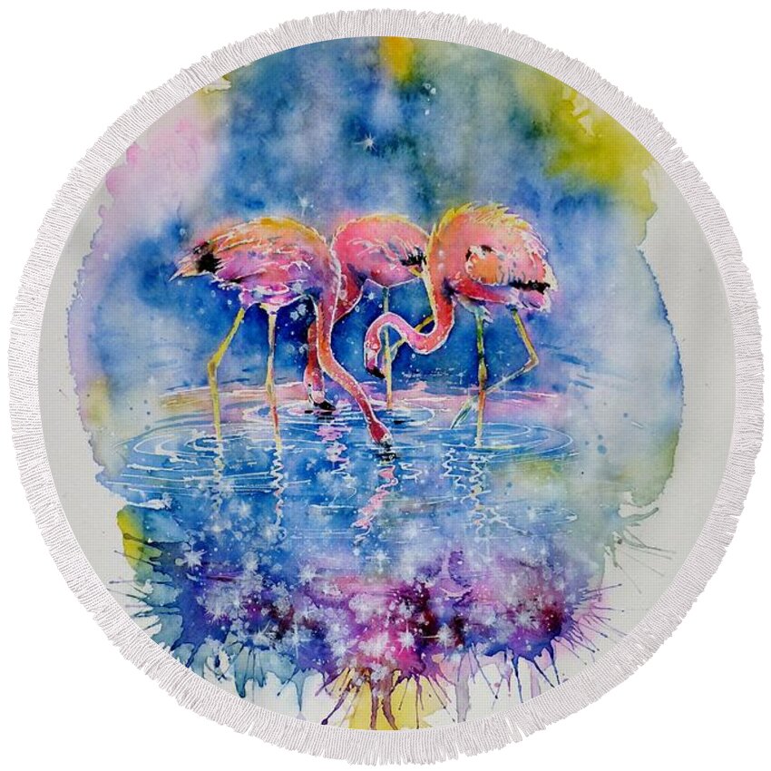 Flamingo Round Beach Towel featuring the painting Flamingo Glare by Zaira Dzhaubaeva