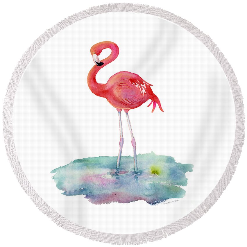 Flamingo Round Beach Towel featuring the painting Flamingo Pose by Amy Kirkpatrick