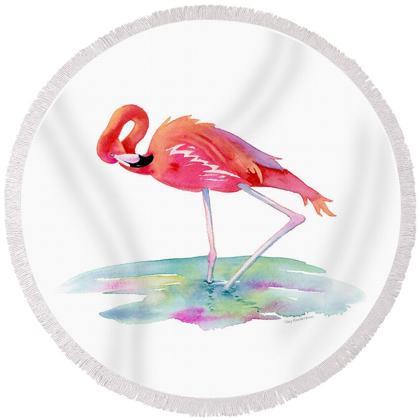 Flamingo Round Beach Towel featuring the painting Flamingo View by Amy Kirkpatrick
