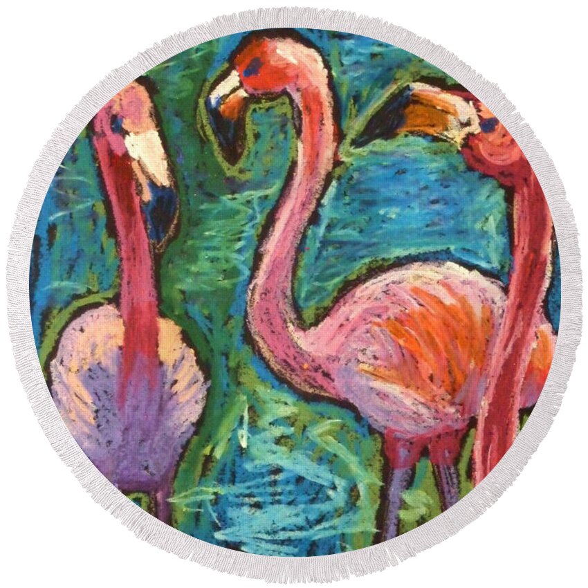 Pink Flamingoes Round Beach Towel featuring the painting Flamingoes Wading by Ande Hall