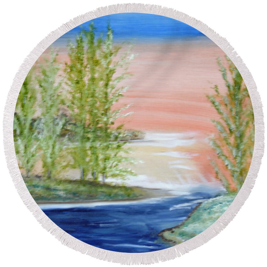 Flathead Round Beach Towel featuring the painting Flathead Lake Sunset by Suzanne Surber