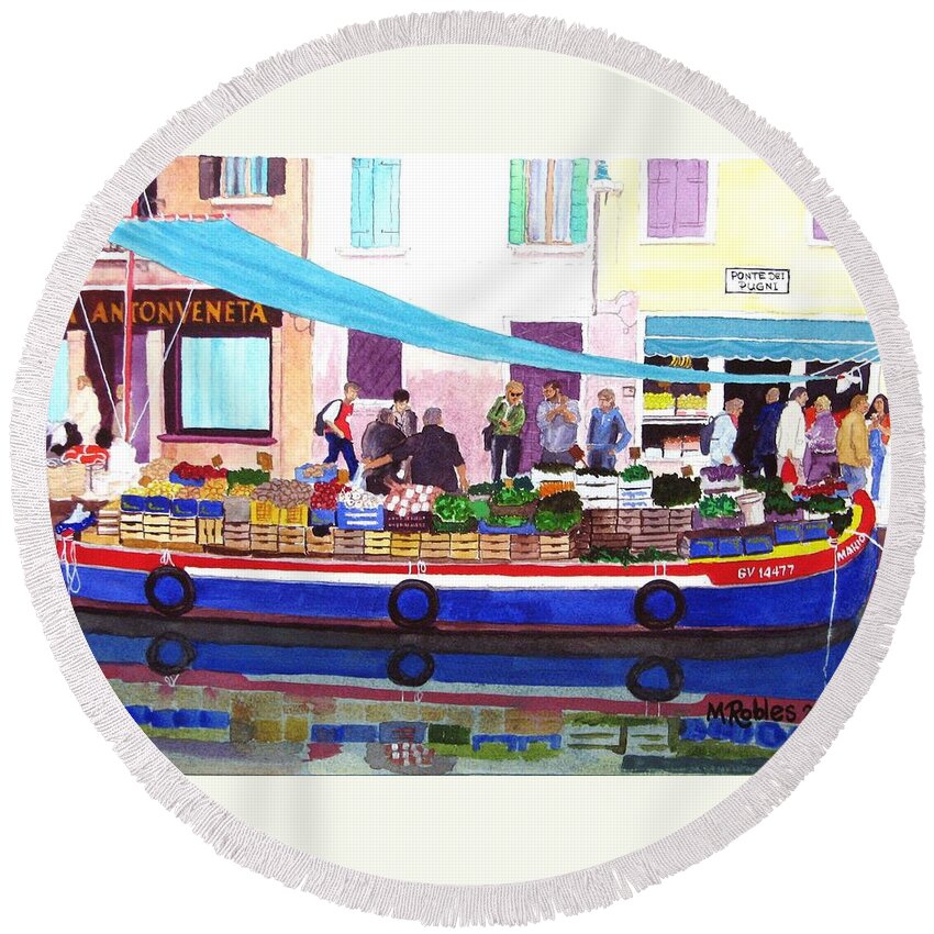 Canals Round Beach Towel featuring the painting Floating Grocery Store by Mike Robles