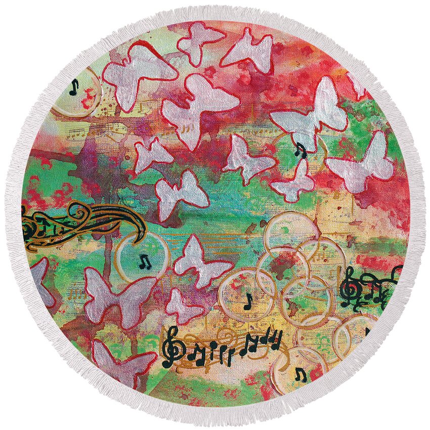 Butterfly Round Beach Towel featuring the painting Floating In On A Song by Donna Blackhall