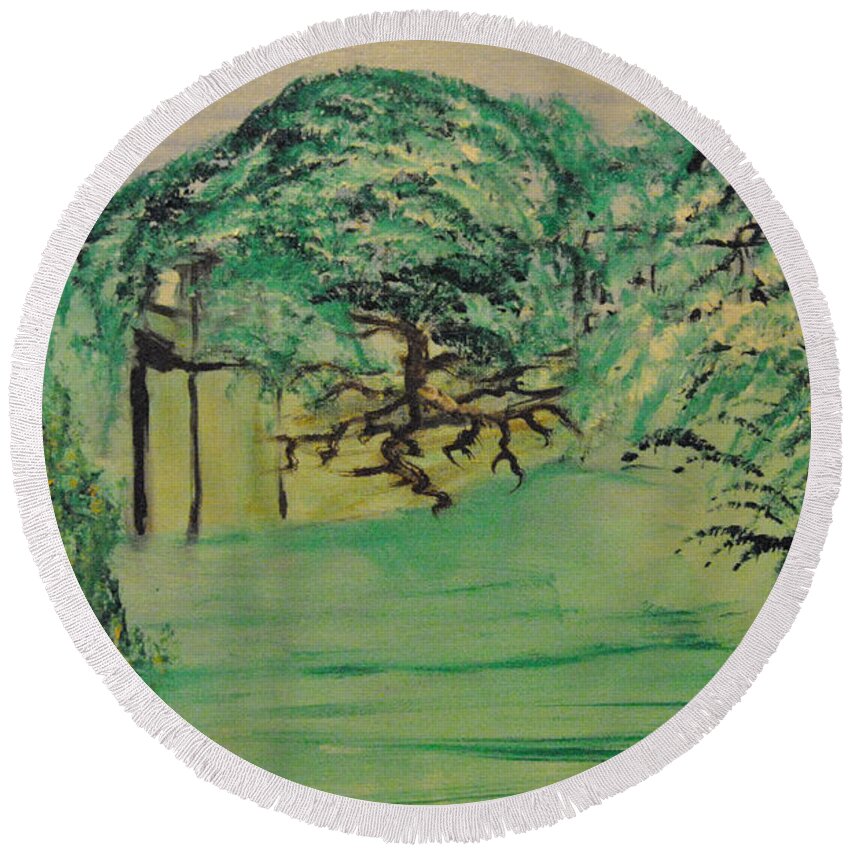 Green Trees Round Beach Towel featuring the painting Floating Wonders by Suzanne Surber