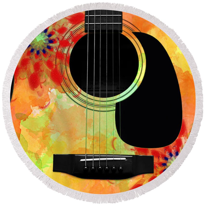 Abstract Round Beach Towel featuring the digital art Floral Abstract Guitar 34 by Andee Design