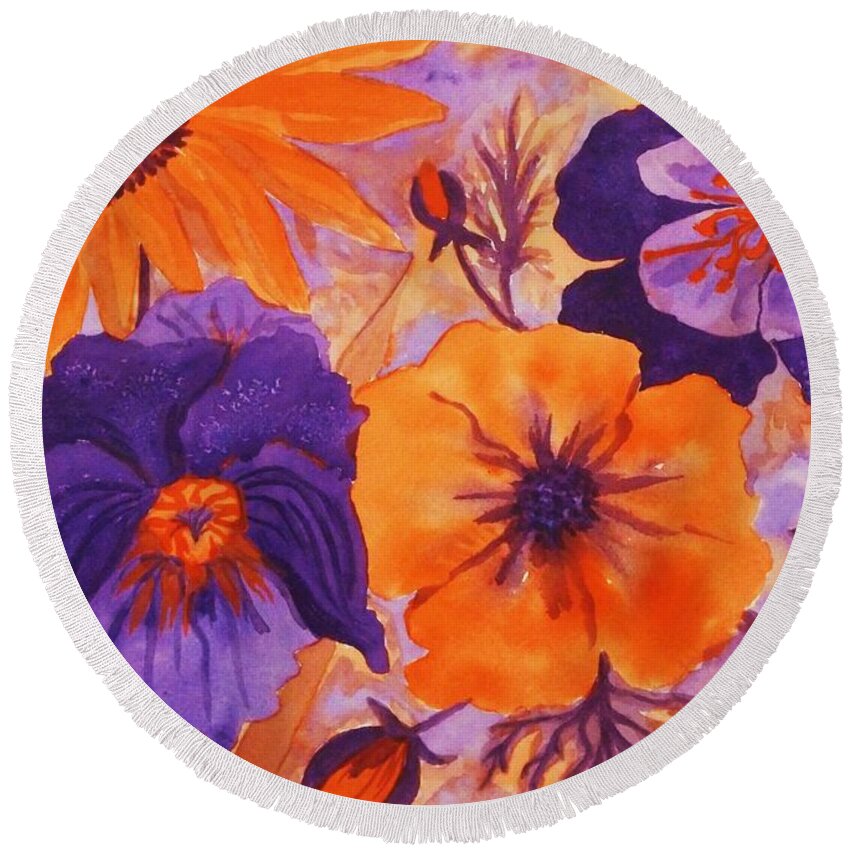 Poppy Round Beach Towel featuring the painting Floral Images in Orange and Purple by Ellen Levinson