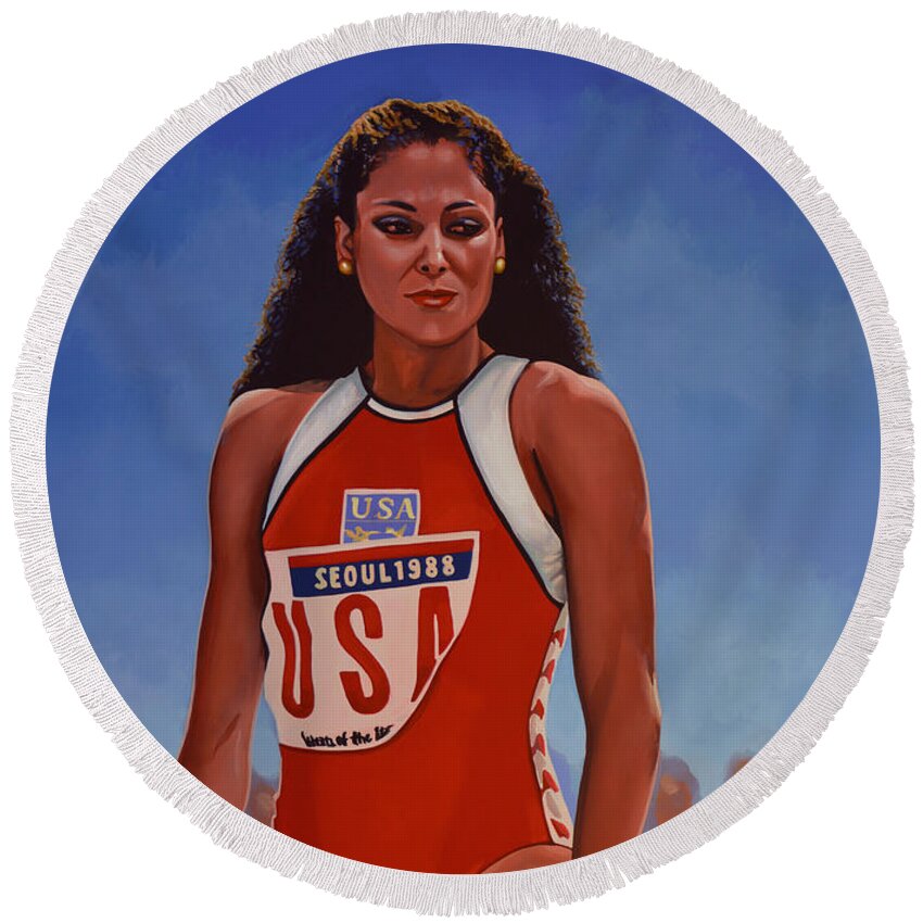 Florence Griffith Round Beach Towel featuring the painting Florence Griffith - Joyner by Paul Meijering