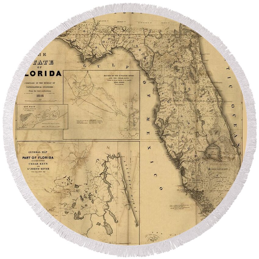 Florida Round Beach Towel featuring the digital art Florida Map Art - Vintage Antique map of Florida by World Art Prints And Designs
