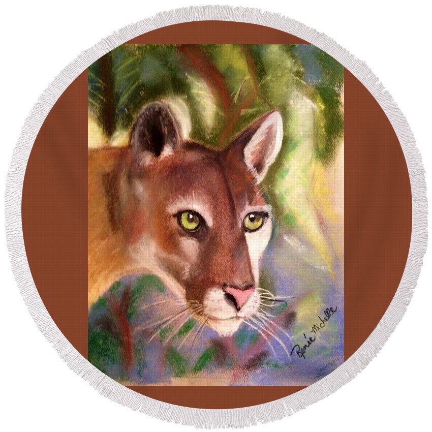 Panther Round Beach Towel featuring the pastel Florida Panther by Renee Michelle Wenker
