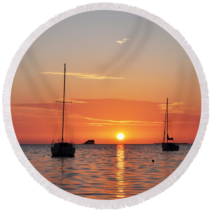 Florida Round Beach Towel featuring the photograph Florida Sailboat Sunset by Bill Cannon