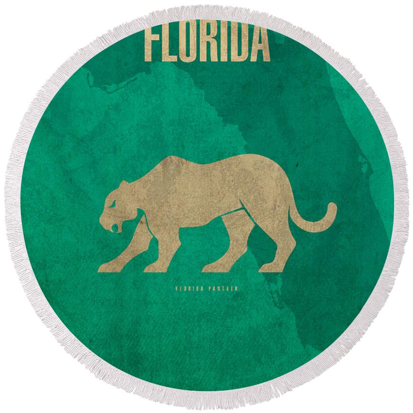 Florida Round Beach Towel featuring the mixed media Florida State Facts Minimalist Movie Poster Art by Design Turnpike