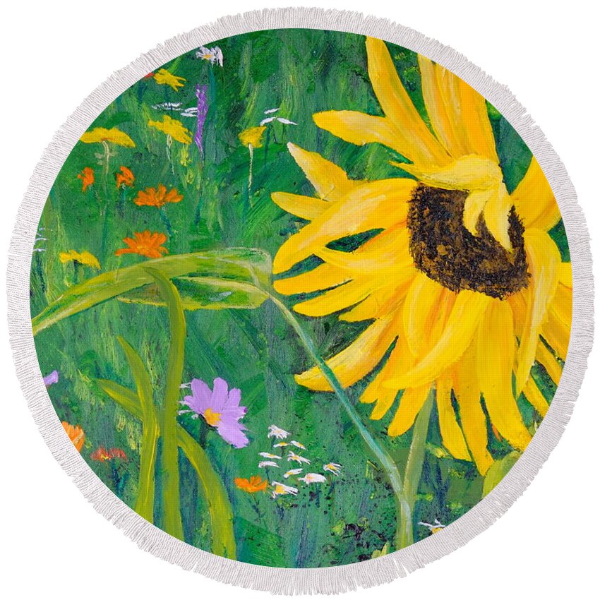 Sunflower Canvas Prints Round Beach Towel featuring the painting Flower Fun by Cheryl Nancy Ann Gordon