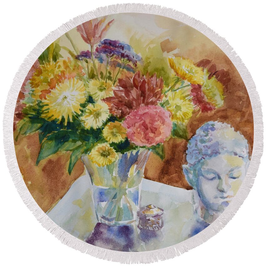 Still Life Round Beach Towel featuring the painting Flower Vase with Buddha by Jyotika Shroff