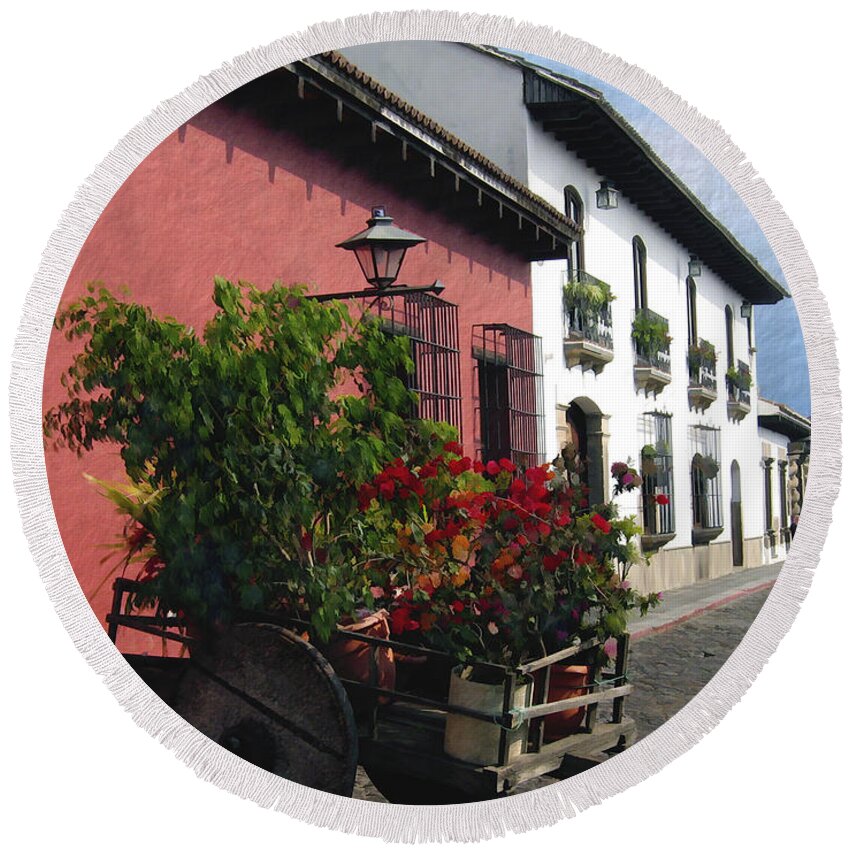 Guatemala Round Beach Towel featuring the photograph Flower Wagon Antigua Guatemala by Kurt Van Wagner