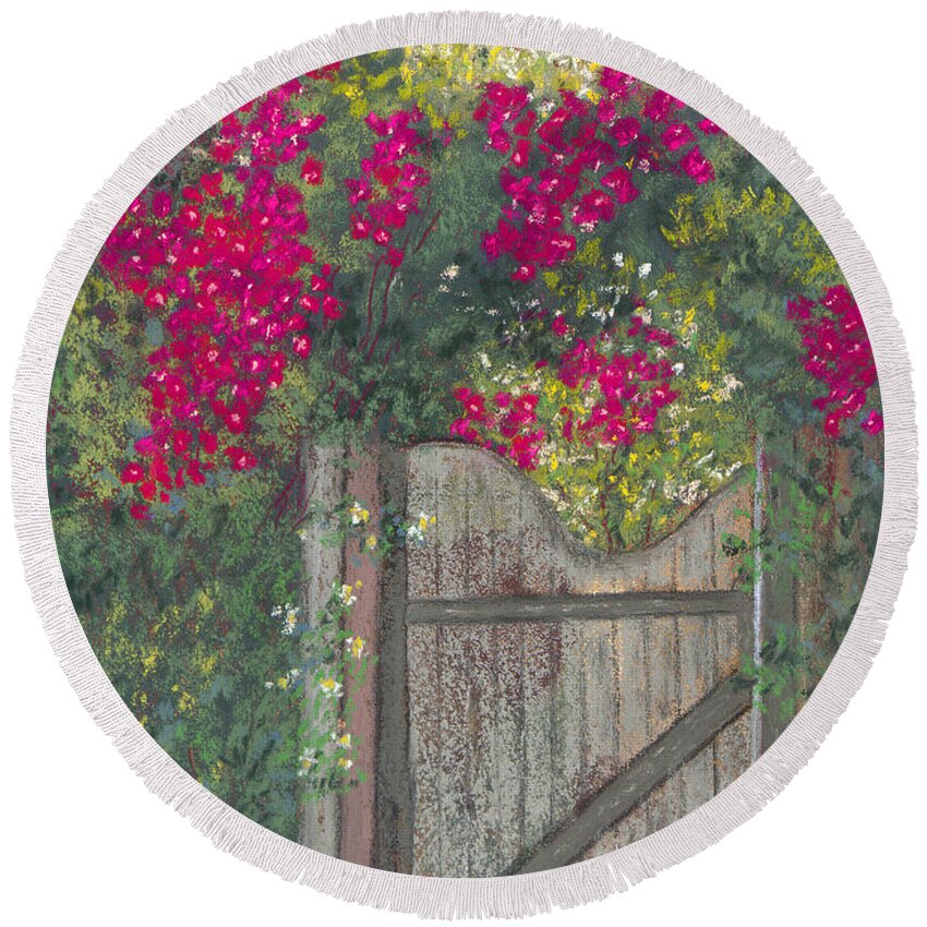 Flowering Vine Round Beach Towel featuring the painting Flowering Gateway by Ginny Neece