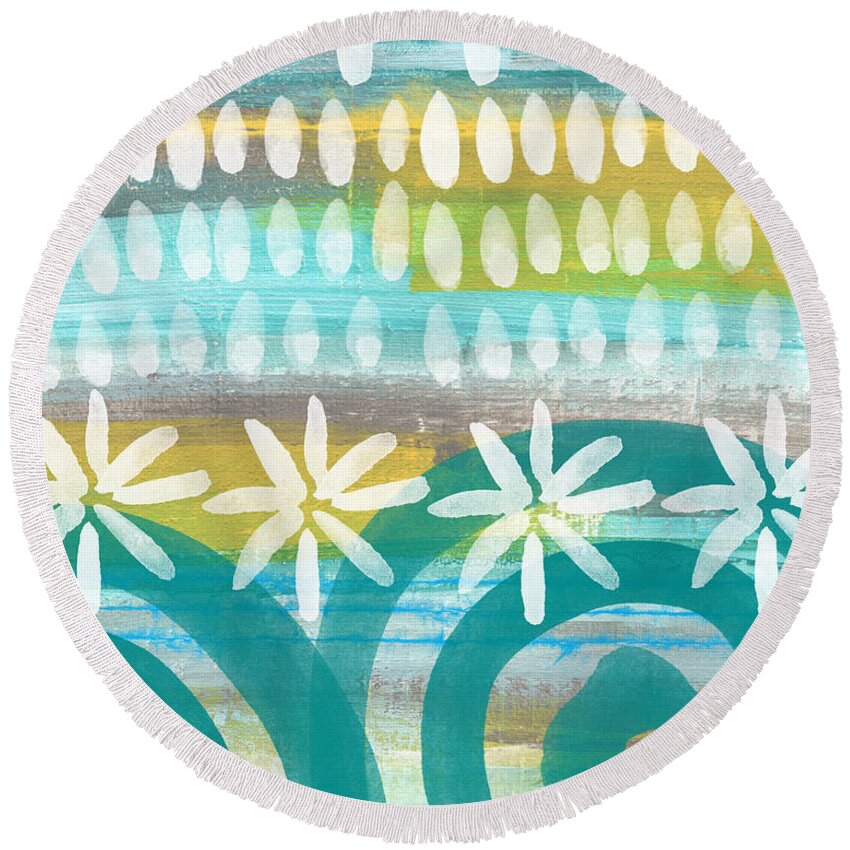 Blue And Yellow Round Beach Towel featuring the painting Flowers and Waves- abstract pattern painting by Linda Woods