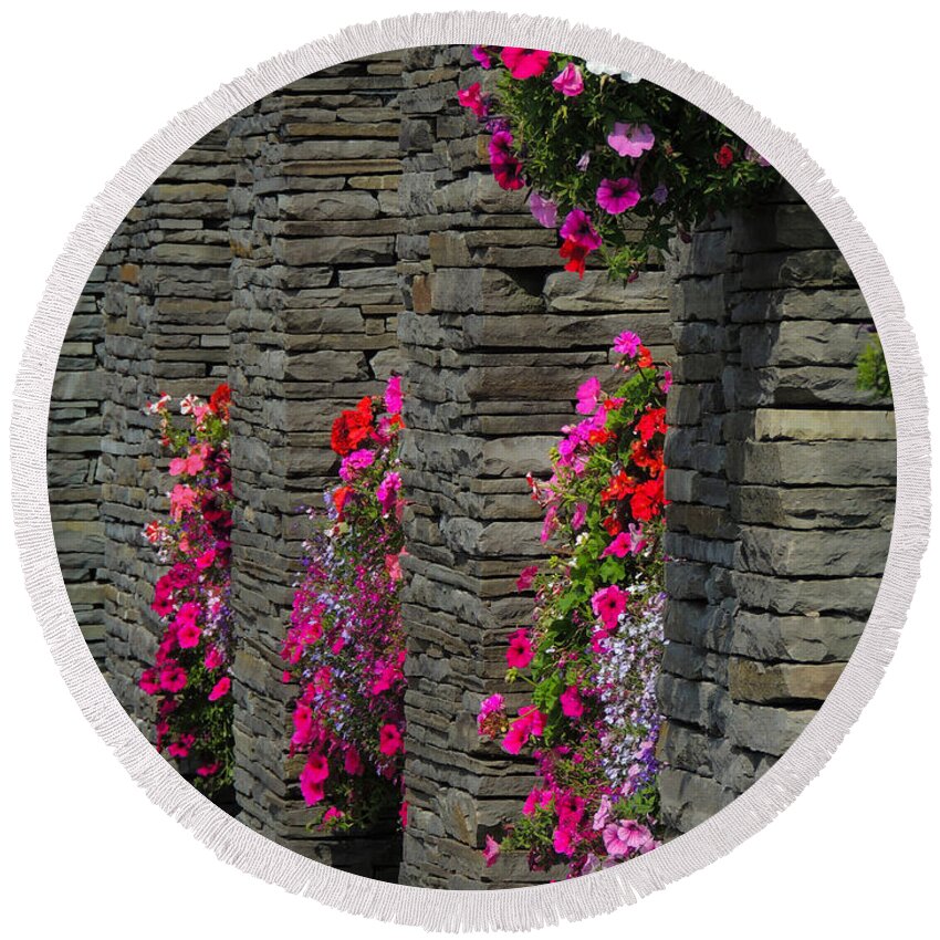 Flowers Round Beach Towel featuring the photograph Flowers at Liscannor Rock Shop by James Truett
