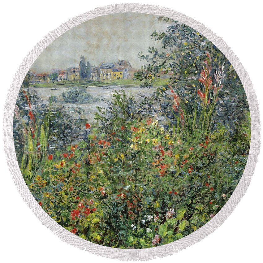 Claude Monet Round Beach Towel featuring the painting Flowers at Vetheuil by Claude Monet